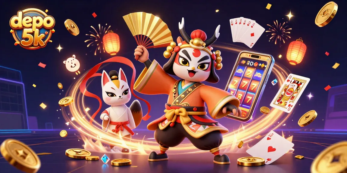 Engage with the thriving world of depo 5k slot games, showcasing vibrant 3D characters amidst flying coins and jackpots.