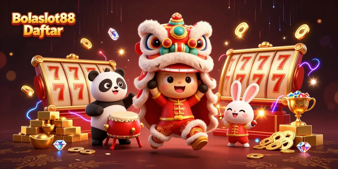 Bolaslot88 Daftar showcases a vibrant lion dance scene with jackpot reels and treasures lighting up.