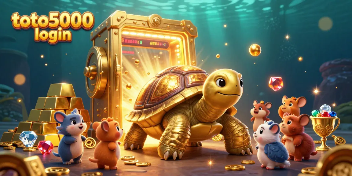 Experience the excitement of toto5000 login with a vibrant 3D casino scene featuring a golden tortoise and treasure elements.