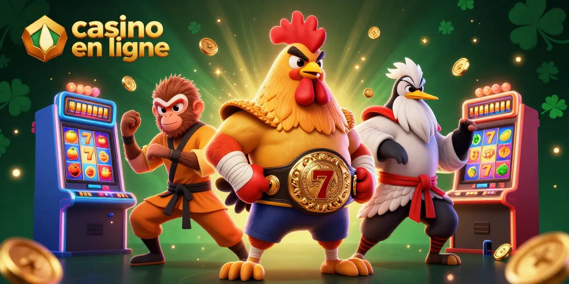 Un casino en ligne animé avec un coq thaïlandais et un singe Shaolin jouant aux machines à sous.