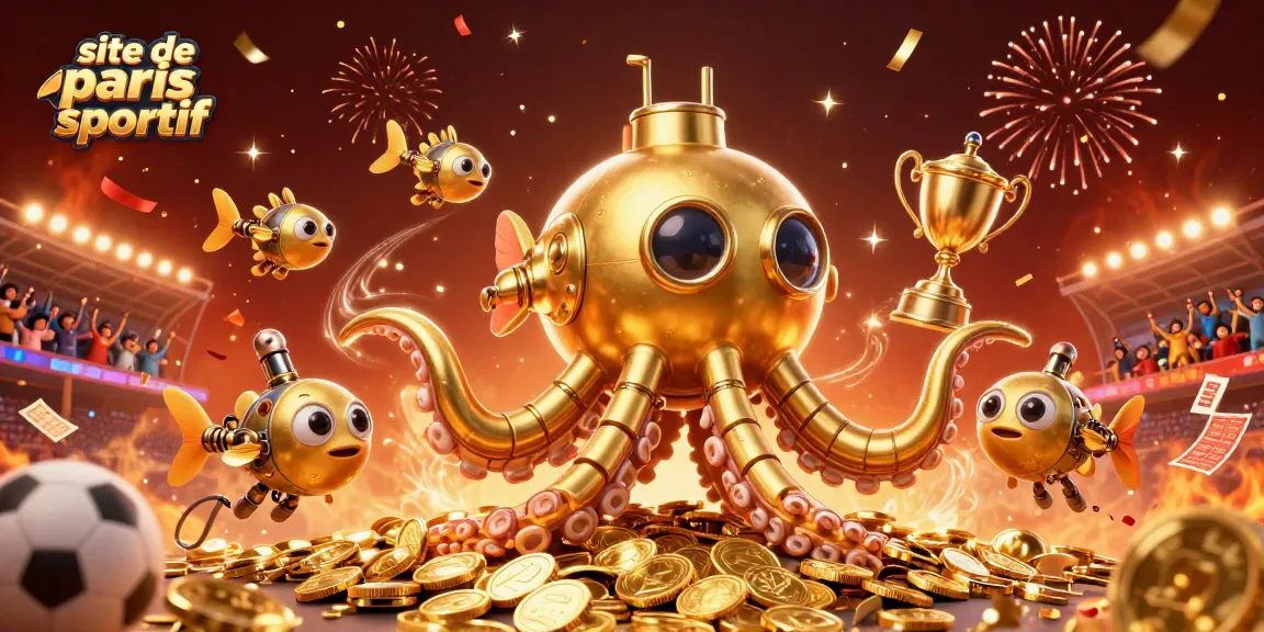 Capturez l'excitation du site de paris sportif avec un kraken en 3D émergent d'une mer de pièces d'or.